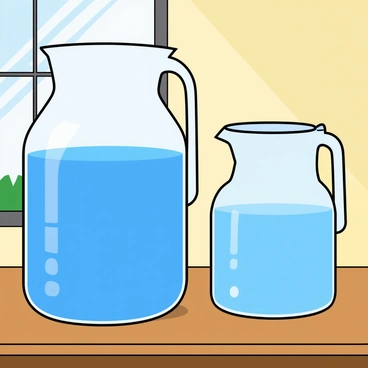Two large glass water jugs are set on a wooden table. The first jug is filled with water up to the halfway mark, showcasing a vibrant blue hue, while the second jug contains water that reaches one-fourth of its height, displaying a lighter, transparent shade of blue. Both jugs have a round base and a curved neck, featuring small decorative patterns etched into the glass. The sunlight streams in through a nearby window, casting soft shadows on the surface of the table and highlighting the levels of water in each jug.