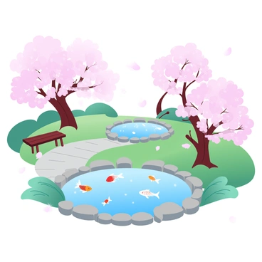 A tranquil garden features multiple koi ponds filled with vibrant koi fish swimming gracefully. Surrounding the ponds are cherry blossom trees in full bloom, showcasing clusters of pink flowers. Lush greenery and soft grass cover the ground, creating a serene atmosphere. Stone pathways wind through the garden, leading to small benches for rest. Delicate petals from the cherry blossoms drift gently through the air, adding to the peaceful scene.