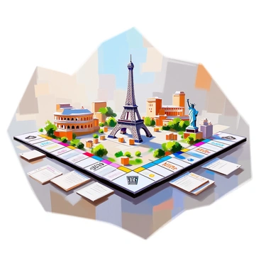 A Monopoly board game designed with spaces showcasing famous landmarks from around the world. The center of the board features a detailed depiction of "the Eiffel Tower" in Paris, surrounded by various iconic buildings positioned on the spaces. "The Great Wall of China" stretches along one side, while "the Colosseum" in Rome and "the Statue of Liberty" in New York are prominently placed as well. Each property space is adorned with intricate illustrations of these landmarks, complete with greenery and people, creating a vibrant and engaging view. The game pieces are themed to match the landmarks, including miniature representations of each landmark on the board. The overall composition captures the excitement and cultural diversity represented by these global icons.
