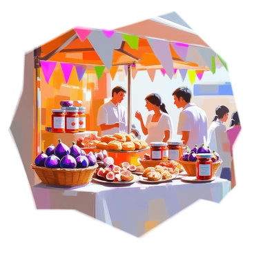 A festival market stall is adorned with an array of colorful fig-based products. The stall features jars of fig jam in various sizes, with labels showcasing different flavors such as vanilla and cinnamon. Fresh, ripe figs are displayed in wicker baskets, their rich purple and green hues contrasting beautifully with the earthy tones of the stall. There are fig pastries and dried figs arranged on wooden platters, inviting visitors to sample. Colorful bunting and fabric drapes hang above the stall, creating a festive atmosphere. The scene is lively, with patrons browsing and chatting, adding to the vibrant energy of the market.