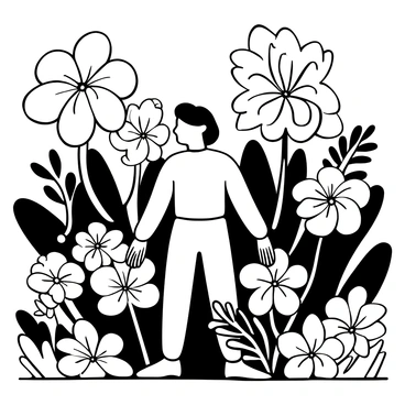 An "onathappan" figure is positioned in the center of a lush garden, surrounded by an array of blooming flowers with intricate petal details. The flowers are large and varied, showcasing different shapes and sizes. The garden is dense with green foliage, creating a vibrant backdrop for the figure. Delicate vines weave through the scene, adding to the richness of the setting. The overall composition highlights the peaceful coexistence of the "onathappan" figure and the flourishing botanical environment.