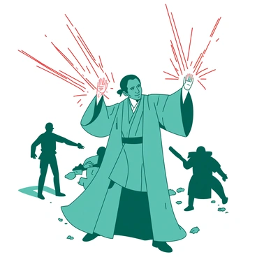 A teal Jedi, wearing traditional robes, stands with a focused expression, with their hands raised and glowing with energy. Blaster bolts, colored in red, are firing toward the Jedi from multiple directions, creating trails of light in the air. The Jedi is positioned in a dynamic stance, slightly crouched as they effortlessly deflect the bolts with an unseen force. In the background, shadows of other combatants can be seen, hinting at the chaos of the battle. The ground is littered with debris, adding to the intensity of the scene.