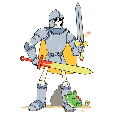 A cute skeleton with a bright white color, wearing a shiny silver knight's armor that is slightly oversized. The armor features intricate designs, and a small metal helmet sits atop its head, slightly tilted. The skeleton is holding an oversized colorful toy sword, which looks playful and cartoonish. It stands in a heroic pose, with one foot forward and a confident smile on its skull face. Around the skeleton, there are whimsical elements like a few scattered flowers and a small friendly dragon peeking from behind a rock, adding to the adventurous atmosphere.