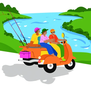 Riders on a big moped with fishing rods and gear secured, heading towards a riverbank