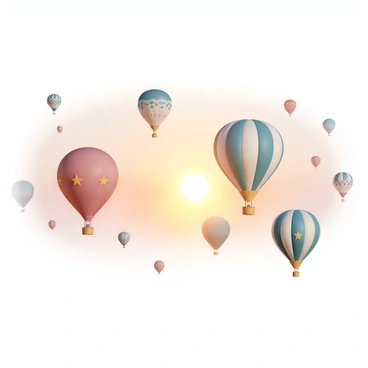 A sky filled with numerous hot air balloons of various colors and intricate patterns. Some balloons are bright red with yellow stars, others are striped in blue and green, while a few display polka dots in vibrant hues. The sun is rising on the horizon, casting a warm golden light that illuminates the balloons, creating a stunning contrast against the soft pastel colors of the early morning sky. The balloons are floating gracefully, some higher and others lower, with a few appearing to drift closer to the ground.