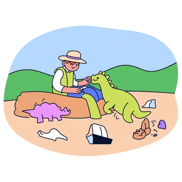 A paleontologist is sketching an "iguanodon" in a field environment. The paleontologist is wearing a beige hat and a green vest, sitting on a light brown rock. Around them, there are various fossils partially buried in the dirt, including a "triceratops" horn and some "dinosaur" footprints. In the background, there are rolling green hills under a bright blue sky. The iguanodon is depicted in a natural pose, with its distinctive thumb spikes visible. The scene captures the active work of the paleontologist in their research.