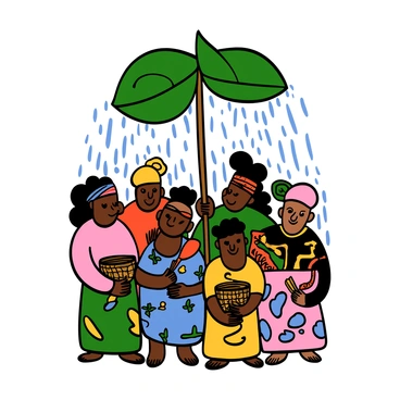 A group of gatherers with various skin tones and hairstyles is huddled together beneath large, broad green leaves. The leaves are providing shelter from the pouring rain that is visibly falling around them, creating splashes on the ground. Each gatherer is wearing colorful, traditional attire, with intricate patterns. They are looking up at the rain with expressions of camaraderie and resilience. Some of them are holding tools or baskets that they used for gathering. The atmosphere is lively, despite the rain, as they interact and share a moment of connection under the protective canopy.