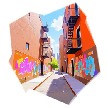 A narrow Chicago alleyway is lined with tall brick buildings, featuring multiple fire escapes attached to the walls. The alley is paved with cobblestones, showing signs of wear and age. Colorful urban graffiti covers the walls, depicting various designs and messages that add vibrancy to the scene. Above, the sky is visible, framed by the buildings, creating a sense of depth and character in this urban environment. Shadows cast by the fire escapes add contrast to the scene.