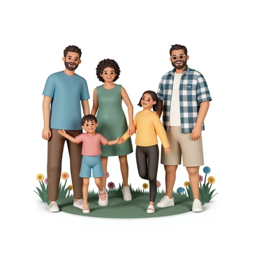 A cheerful family portrait featuring five members of varying body shapes. The first person is a tall man, wearing a blue shirt and brown pants, standing on the left with a broad smile. Next to him is a medium-height woman with curly hair, dressed in a green dress and pink sandals, smiling brightly. On her right is a shorter child with straight hair, wearing a red t-shirt and denim shorts, laughing and jumping slightly. Next to the child is a medium-height teenage girl with glasses, wearing a yellow sweater and black leggings, smiling at the camera. Finally, on the far right is a stout man wearing a plaid shirt and khaki shorts, grinning widely. The background is a natural outdoor setting with green grass and colorful flowers.