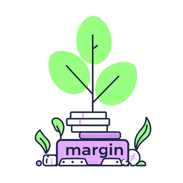 A plant with broad green leaves is sprouting from a pile of coins positioned at the bottom of the image. The coins are stacked high and clearly labeled with the word "margin" in bold letters. The plant has a sturdy stem and appears healthy, signifying prosperity and growth. Surrounding the coins, there are small green shoots emerging, enhancing the theme of investment growth. The background is simple, allowing the focus to remain on the plant and the coins.