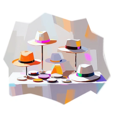 A display showcasing a variety of hats arranged neatly on multiple stands. Each hat features a distinct base style, with several interchangeable bands and brims placed nearby. The bands come in different colors and patterns, while the brims vary in shape and size, offering numerous combinations for customization. The hats are positioned against a simple backdrop, allowing the vibrant colors and unique designs to stand out prominently.