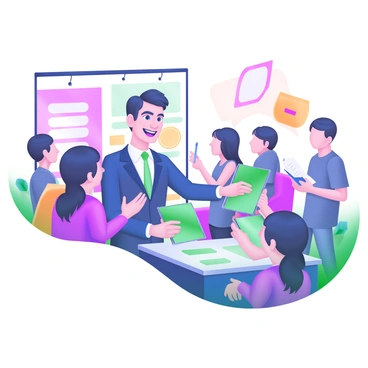 A dynamic salesperson is handing out brochures, actively engaging with attendees at a busy trade show. The salesperson is wearing a smart business outfit, with a confident smile on their face. Surrounding them are curious attendees, some holding brochures and others looking intrigued. Brightly colored booths and banners fill the background, adding to the lively atmosphere of the trade show. A few attendees are discussing the brochures, while others take notes on their devices. The scene captures the energy and interaction of a bustling event.