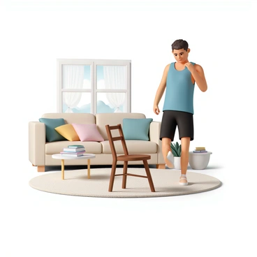 A person, wearing black athletic shorts and a blue tank top, is standing beside a wooden chair in a cozy living room. They are performing calf raises, lifting their heels off the ground while their toes remain planted. The chair is brown with a simple design, providing sturdy support. In the background, there is a soft beige sofa with colorful cushions, a small round coffee table with a stack of books, and a potted plant near a window with sheer curtains allowing soft light to filter in. The floor is covered with a plush, light-colored rug, creating a warm and inviting atmosphere.