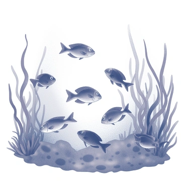 An underwater scene filled with various tropical fish swimming among swaying seaweed. The fish display distinct shapes and sizes, with some darting playfully while others glide gracefully. The seaweed, in varying lengths and textures, creates an organic environment, adding depth to the scene. Light filters through the water, illuminating the fish and the surrounding foliage, casting shadows and highlights that enhance the underwater atmosphere.