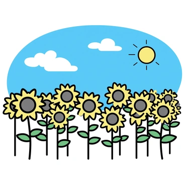 A vast field filled with tall sunflowers, their bright yellow petals facing the sun. The sunflowers are arranged in neat rows, stretching towards the horizon. The sky above is clear and blue, with a few scattered fluffy white clouds. The sun is shining brightly, casting soft shadows on the ground between the flowers.