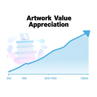 A line graph displaying the value appreciation of artwork over time. The horizontal axis represents the timeline, marked with years, while the vertical axis shows the increasing value of artwork, marked in currency. A smooth line noticeably trends upward, indicating the rising value over the years. In the background, several stacked artworks are faintly visible, showcasing different styles of paintings and sculptures. A title above the graph reads "Artwork Value Appreciation" in bold, clear font.