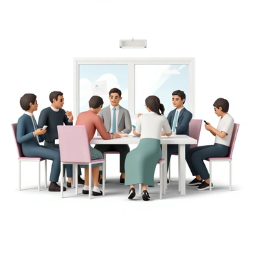 A modern meeting room with a rectangular table surrounded by several employees. There are six individuals seated around the table. Two men in business attire, one wearing a navy suit with a light blue tie, and the other in a gray suit with a dark tie, are engaged in a discussion. A woman in a red blouse and black pants is taking notes on a notepad. Another woman in a white shirt and plaid skirt is glancing towards the screen at the front of the room. 

Beneath the table, a few of the employees are discreetly checking their phones. One man in a black shirt is looking at his phone, while a woman in a green dress is hiding her phone under the table, stealing glances at it. The room has a large window letting in natural light, and there is a projector displaying a presentation on the wall. The atmosphere suggests a mix of focus and distraction among the attendees.