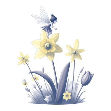 A tiny fairy with delicate wings is perched atop a large daffodil. The fairy is posed gracefully, with her wings partially open, showcasing intricate patterns. The daffodil is vibrant and detailed, with multiple layers of petals framed in a natural setting. Surrounding the fairy are various types of flowers, each with distinct shapes and sizes, creating a whimsical garden atmosphere. The scene is filled with a sense of enchantment and fantasy, as the fairy interacts peacefully with her floral surroundings.