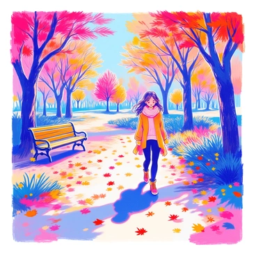 A girl is walking through a park covered in vibrant autumn leaves. She is wearing a cozy, knitted sweater and a matching scarf wrapped around her neck. The sunlight filters through the branches of trees, casting dappled shadows on the ground. The leaves in shades of orange, red, and yellow are scattered around her feet as she strolls leisurely. In the background, there are more trees with colorful foliage, and a wooden bench can be seen nearby, adding to the serene park atmosphere.
