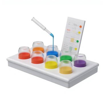 A laboratory setup featuring a micropipette poised above a clear glass palette filled with small wells. Each well contains distinct primary colors: bright red, vibrant blue, and sunny yellow. The micropipette, transparent with a slender tip, is actively dispensing a few drops of blue liquid into a well of yellow. The resulting mixture in the adjacent wells showcases various shades of green, orange, and purple, demonstrating the blending of the primary colors. The palette is situated on a white laboratory bench, with rows of neatly organized color reference cards in the background.