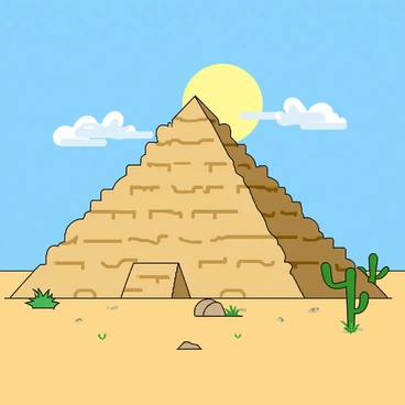 A large, ancient pyramid made of beige stone, with intricate hieroglyphs carved into its surface. The pyramid is situated in a vast, sandy desert landscape, surrounded by scattered cacti and small rocks. Above the pyramid, a large, pixelated sun shines brightly, casting sharp shadows across the scene. The sky is a bright blue, dotted with a few fluffy white clouds. In the foreground, there are small patches of green grass peeking through the sand, adding contrast to the arid environment.