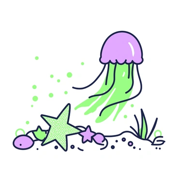 A jellyfish is gliding gracefully in the water, its tentacles trailing elegantly behind it. Nearby, a group of starfish is positioned on the ocean floor. The starfish are variously spread out, showcasing their distinct shapes and textures. The scene captures the gentle movement of the jellyfish as it swims past the starfish, which are firmly settled among the sand and small pebbles. The jellyfish and starfish coexist in a peaceful underwater environment, highlighting the unique beauty of marine life.