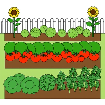 A colorful garden filled with a variety of plants arranged neatly in rows. Each row contains different types of plants that are carefully spaced to illustrate equivalent planting ratios. The first row features tall sunflowers with bright yellow petals that tower above smaller green bushes in the second row. The third row showcases vibrant red tomatoes growing on robust green vines. In the background, there are patches of leafy greens, such as lettuce and spinach, creating a lush contrast. The garden is bordered by a white picket fence and the sun is shining brightly, casting playful shadows over the plants.