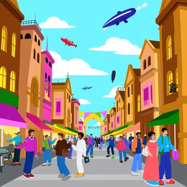 A bustling Piltover street filled with various inventive contraptions and colorful flying vehicles soaring above. The street is lined with tall, ornate buildings showcasing intricate architectural details. People are walking along the cobblestone path, engaging with each other, while some are examining the gadgets and inventions displayed at street vendors. In the sky, different types of flying vehicles, such as sleek airships and whimsical flying machines, navigate through the clouds. Bright banners and signs hang between buildings, adding to the lively atmosphere. The scene is alive with energy and innovation.