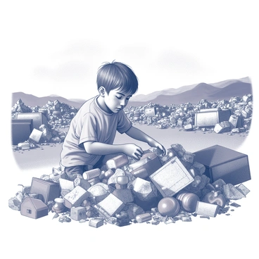 A child is kneeling down among heaps of trash in a sprawling landfill. The child is wearing tattered clothing, with dirt smudged on their face. They are reaching into a pile of discarded items, sorting through old papers, plastic bottles, and rusty metal scraps. Surrounding the child, there are large mounds of refuse, including broken furniture and food waste, creating a chaotic scene filled with discarded belongings. In the background, the landscape is littered with refuse and the remnants of what was once used, under a cloudy sky.