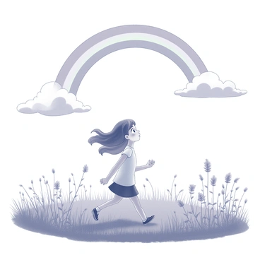 A girl walking through a field. She has long hair that is flowing with the breeze. The field is filled with tall grass and various wildflowers swaying gently. In the background, a large rainbow arches overhead, its colors vibrant and spanning across the sky. The girl's face shows a sense of wonder as she gazes up at the rainbow. The clouds above are fluffy and softly shaped, adding depth to the scene.