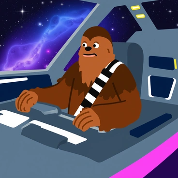 A tall Wookiee with long brown fur, Chewbacca is seated in the cockpit of a sleek, metallic futuristic spacecraft. The cockpit is filled with glowing control panels and a large view screen displaying a vast starry galaxy filled with vibrant colors. Stars twinkle in shades of blue, purple, and white against the deep blackness of space. Chewbacca is focused on navigating the spacecraft, his strong hands gripping the controls. The interior is illuminated by the soft glow of dashboard lights, casting a warm hue across his furry features. The spacecraft is flying past colorful nebulae, adding to the dynamic and lively atmosphere of the scene.