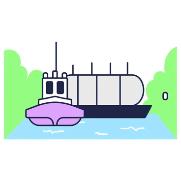 A tugboat is positioned at the front, guiding a tank barge through a narrow canal. The tugboat is small yet powerful, with a pronounced bow and a sturdy hull. The tank barge follows closely behind, its large rectangular shape contrasting with the tugboat's smaller form. The canal is lined with green vegetation on either side, creating a lush backdrop. In the distance, there are small wooden posts marking the boundaries of the canal. The water appears calm, reflecting the surrounding scenery as the tugboat steadily moves forward.