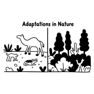 A split illustration showing two distinct environments: the left side depicting a desert and the right side showing a forest. In the desert, a camel stands with large feet adapted for walking on sand, alongside a lizard blending into the sandy terrain. Patches of sparse vegetation can be seen, with cacti in the background. On the forest side, a deer is illustrated with sturdy legs for navigating through underbrush, next to a tree frog resting on a leaf. Towering trees and thick foliage fill the background, enhancing the difference in habitats. The words “Adaptations in Nature” are displayed prominently at the top of the illustration.