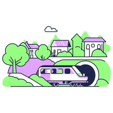 A subway train emerging from underground to travel through a lush suburban landscape
