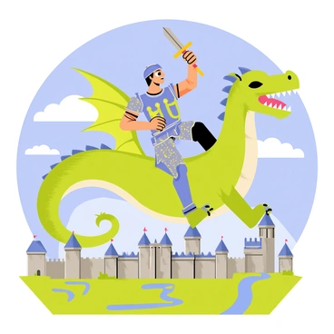 A brave knight in shining armor is riding a large, green dragon with vibrant scales. The dragon has its wings fully extended as it soars through the sky. Below them, a medieval kingdom is spread out, featuring stone castles with tall towers, surrounded by lush green fields and winding rivers. The sky is bright blue with fluffy white clouds, creating a sense of adventure and grandeur. The knight holds a sword in one hand, raised triumphantly, while the other hand grips the dragon’s neck.