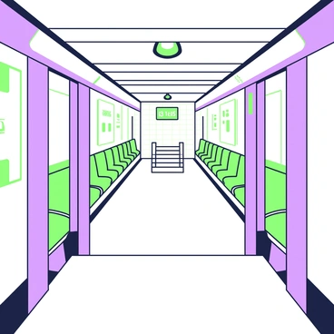 An empty train car is parked at an underground station with its doors open. The interior of the train car features rows of green seats positioned along the sides. A small overhead light illuminates the space, casting soft shadows within. The floor of the train car is clean and polished, reflecting the lights from the station. In the background, tiled walls display train schedule boards, while fluorescent lights line the ceiling, creating a bright yet muted atmosphere. The platform is visible through the open doors, leading to a set of stairs that descend further into the station.