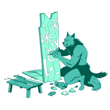 A teal wolfman is intently carving intricate designs into a large piece of light-colored wood. The wolfman has prominent features, with fur covering parts of his muscular arms and face, while his strong hands grip a carving tool. The wooden sculpture stands tall beside him, showcasing ornate patterns and figures that reflect his skill. Shavings of wood scatter on the ground around him as he focuses on his work, with a small wooden bench holding additional tools and pieces of wood nearby.