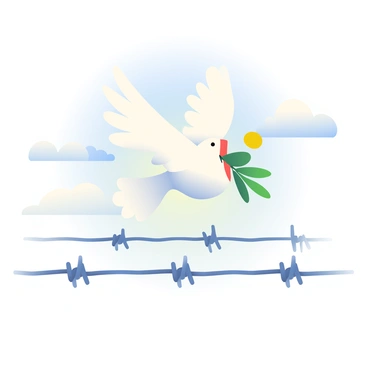 A white dove with outstretched wings is flying gracefully above a barbed wire fence. The dove is holding a vibrant green olive branch in its beak. The barbed wire fence spans horizontally across the lower part of the image, with sharp metal points glinting in the light. The background features a soft, blue sky, with a few fluffy white clouds scattered throughout. The scene conveys a sense of peace contrasted with the harshness of the barbed wire below.