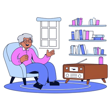 A grandparent with gray hair and glasses sits in a cozy armchair in a well-lit living room. They have a warm smile as they share stories, gesturing animatedly with their hands. Next to them is a vintage radio with a wooden finish, displaying dials and knobs. The room has a patterned rug on the floor and shelves filled with books and family photos. A window allows soft light to fill the space, creating an inviting atmosphere.