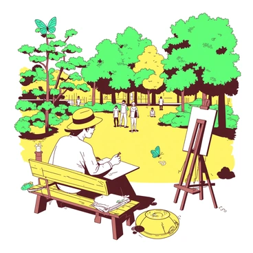 A yellow park filled with lush green trees and vibrant flowers. In the center, an artist is sitting on a wooden bench, sketching on a white notepad. The artist, wearing a straw hat, is intently focused on capturing the beauty around. Next to the artist, there are colored pencils scattered on the bench and a small easel set up with a partially completed painting. In the background, people are walking and enjoying the sunny day, while a teal butterfly flutters nearby, landing on a flower.