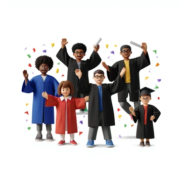 A digital collage featuring several students of diverse ethnic backgrounds, each proudly holding their diplomas. In the foreground, a girl with curly hair wearing a blue graduation gown smiles broadly as she displays her diploma. Next to her, a boy with short black hair in a black robe poses confidently with his certificate. In the background, a girl with straight brown hair, wearing a red cap and gown, jumps in excitement while holding her diploma high. Another student, a young man with glasses and a green graduation cap, stands with his arms crossed, showcasing his diploma with a proud grin. The students are surrounded by colorful confetti and festive decorations, adding to the celebratory atmosphere of graduation.