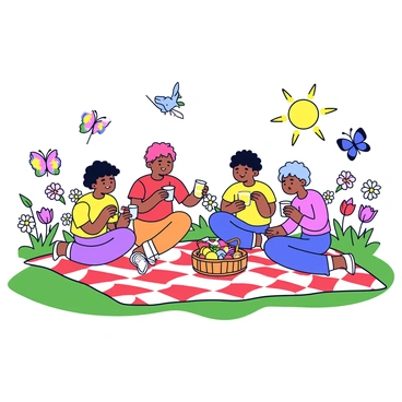 A group of four kids sitting on a red and white checkered picnic blanket spread across the grass. One child is holding a sandwich while another is pouring lemonade into plastic cups. There is a wicker basket filled with fruits and snacks beside them. Surrounding the picnic area are colorful flowers in full bloom, including daisies and tulips. Several butterflies with vibrant wings are fluttering among the flowers. The sun is shining brightly, casting soft shadows on the ground.