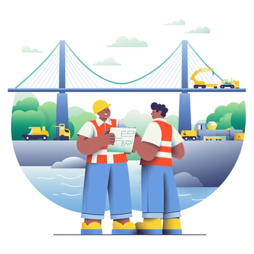 A group of engineers is collaborating on the construction of a large suspension bridge over a river. Two engineers, one with dark skin and short hair and the other with light skin and curly hair, are discussing plans while reviewing blueprints on a clipboard. They are wearing bright yellow hard hats and reflective vests. In the background, the river flows below with lush green trees lining its banks. A partially completed bridge spans across the river, showcasing sturdy cables and massive pillars. Various construction equipment, including a crane and a cement mixer, is visible at the site. The sky is clear with a few wispy clouds scattered throughout.