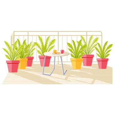 A sunny balcony with light wooden flooring and a railing. The balcony is adorned with several potted palm plants in various sizes, their green fronds spreading outwards. A small round table with a white tabletop and a metallic frame is positioned in the center. On the table, there are two colorful cups and a small plate with pastries. Bright sunlight casts soft shadows across the floor, enhancing the vibrant atmosphere of the scene.