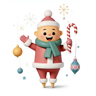 A Jollibee character, wearing a bright red festive holiday outfit adorned with white fur trim, stands joyfully in a cheerful pose. The outfit includes a red hat with a white pom-pom on top, and a green scarf wrapped around its neck. The character is holding a large candy cane in one hand and waving with the other hand, flashing a big smile with its characteristic round face. Surrounding the character are colorful holiday decorations, including twinkling lights and shiny ornaments, enhancing the festive atmosphere.