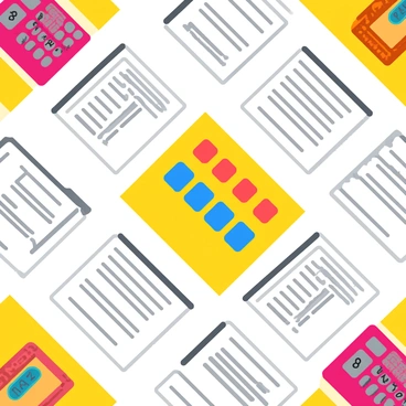 A checkerboard pattern featuring alternating squares of audit documents and calculators. Each square displays a detailed audit document with visible text and numbers, while the calculator squares show colorful buttons with a screen displaying numbers. The documents have a predominantly white background with black text, and the calculators are bright, with red, blue, and green buttons. The overall composition is balanced, showcasing the repetitive pattern of the checkerboard design.