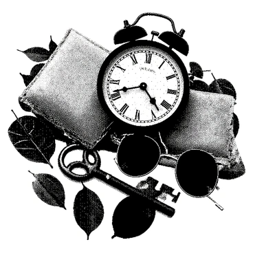 A collection of various objects is arranged together, creating an interesting composition. The items include a vintage clock with intricate details, a textured piece of fabric with a rough surface, and an old key with ornate patterns. There are also leaves with defined veins and a pair of sunglasses resting on a flat surface. The background consists of abstract shapes that add depth and dimension to the collage. Each object has distinct features, highlighting their unique textures and details.
