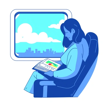 A passenger reading a book by the window with clouds visible outside