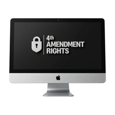A computer screen displaying the text "4th Amendment Rights" in bold, clear font. The screen features a privacy emblem, which consists of a padlock symbol intertwined with a shield. The background of the screen is dark, emphasizing the bright text and emblem. The computer is placed on a modern desk with a sleek design, and there are subtle reflections on the screen's surface, adding depth to the image.