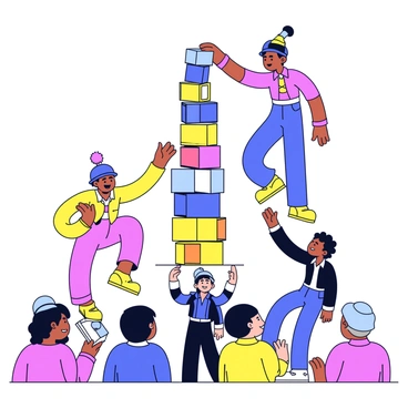 A group of circus performers is stacking colorful Jenga blocks in an intricate tower. The performers are wearing vibrant costumes, each with distinct colors and patterns. One performer is balancing on a unicycle while carefully placing a block on top of the tower. Another performer is reaching up high, stretching their arms to add a block from the top of the stack. The audience is watching intently, their expressions filled with excitement. The scene captures the suspense of the moment as the tower wobbles slightly.